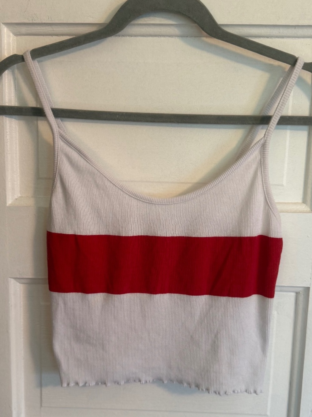 PacSun PS Basics White Red Stripe Ribbed Lettuce Hem Crop Cami M